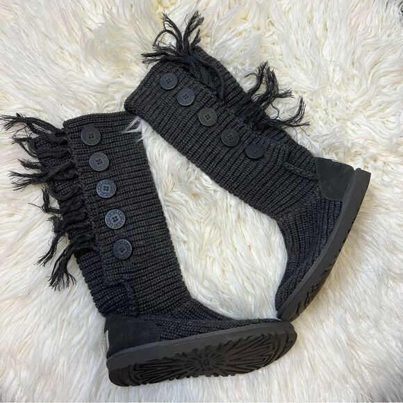 UGG Womens Fringe Boots Button Tall Genuine Sheepskin‎ Lining 1878 Dark Gray 6 - Picture 1 of 6